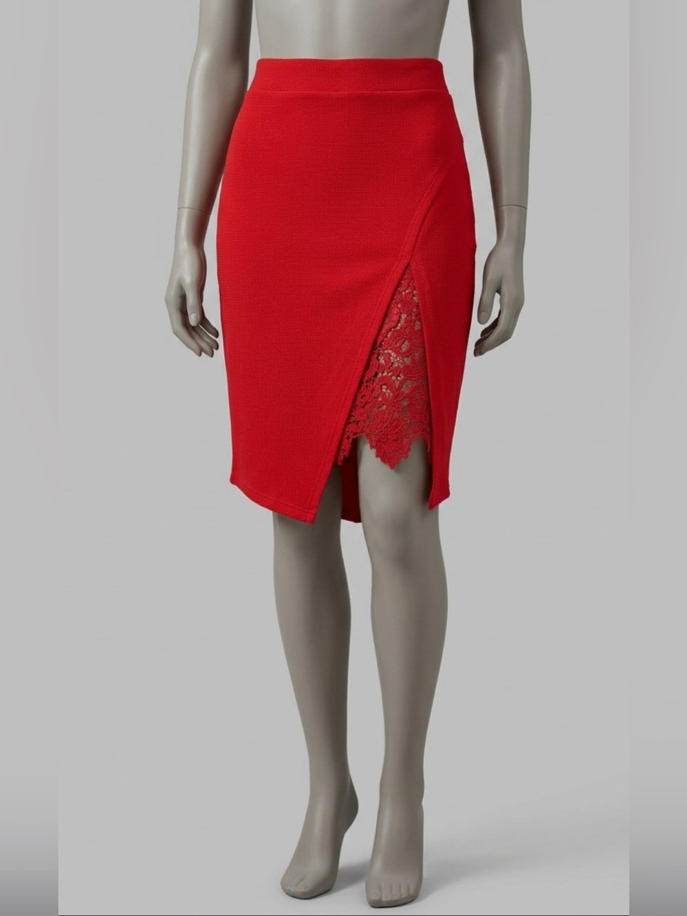 Fashion Magazine Red Lace-Trim Midi Skirt